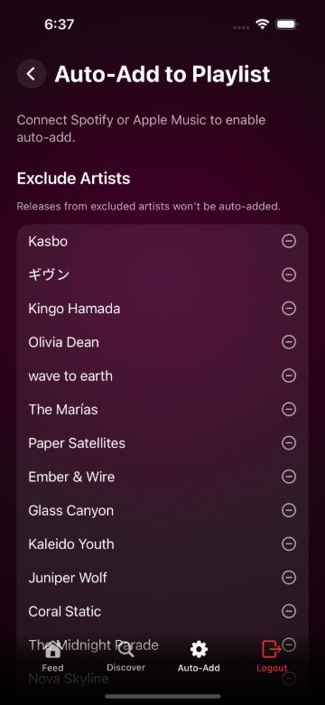 Auto-Add settings, showing the destination playlist and a list of excluded artists.