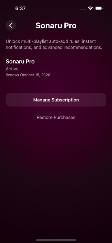 The Sonaru Pro screen, showing subscription status, the renewal date, and a link to manage it.