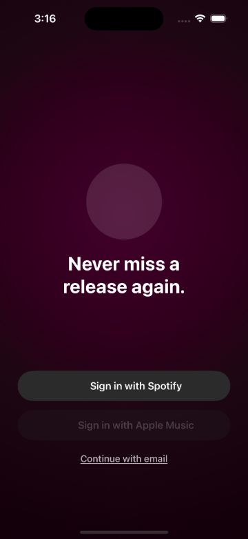 The opening screen, offering sign-in with Spotify, Apple Music, or an email address.